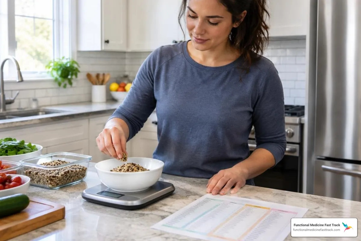 person tracking carbohydrate intake with a kitchen scale and food chart