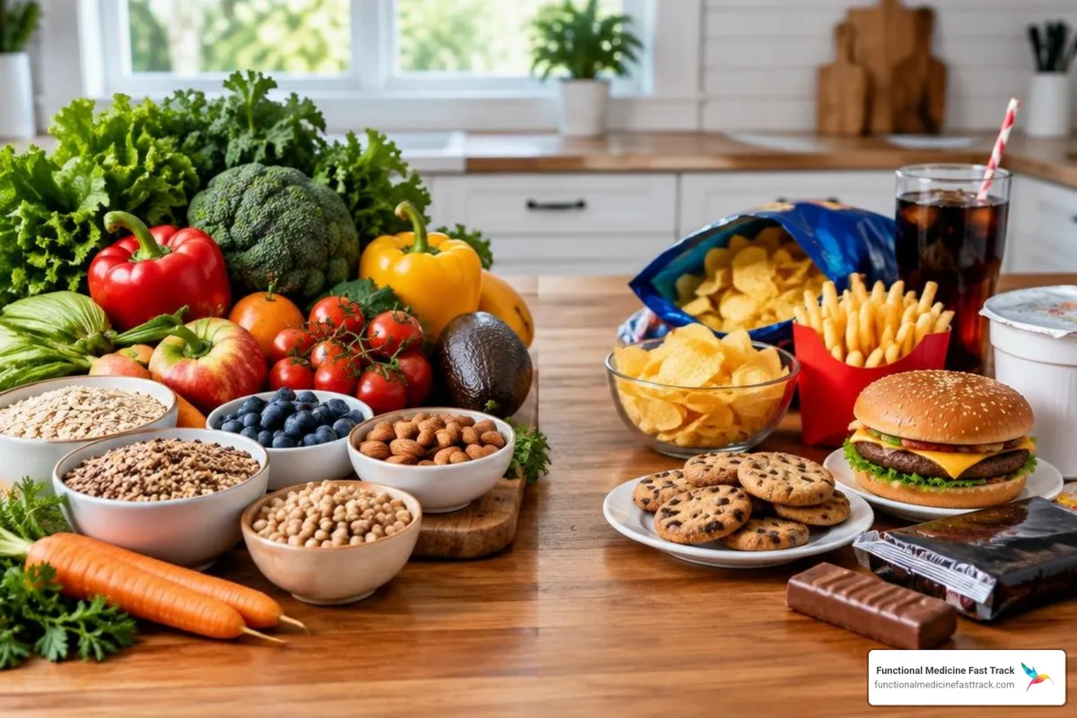 Healthy whole foods placed alongside processed items for digestive comparison