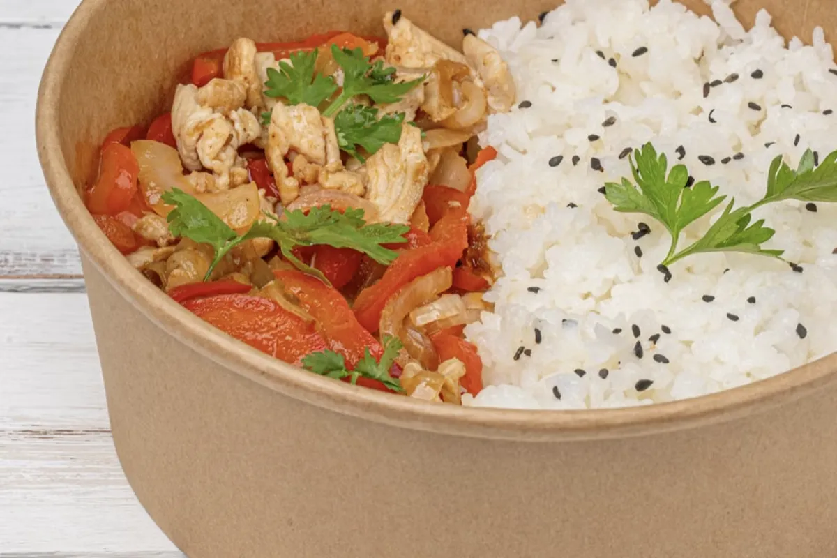 rice bowl with chicken and vegetables