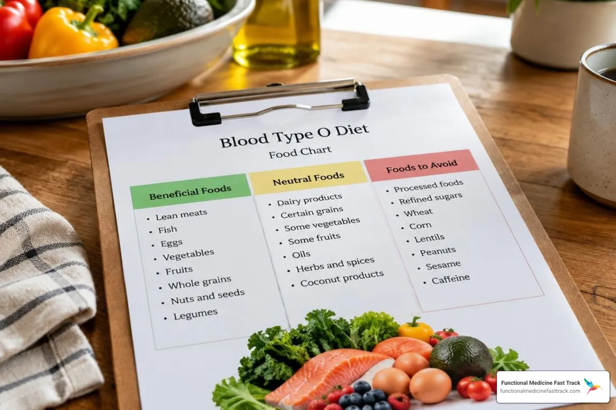 printable blood group O food chart on a clipboard