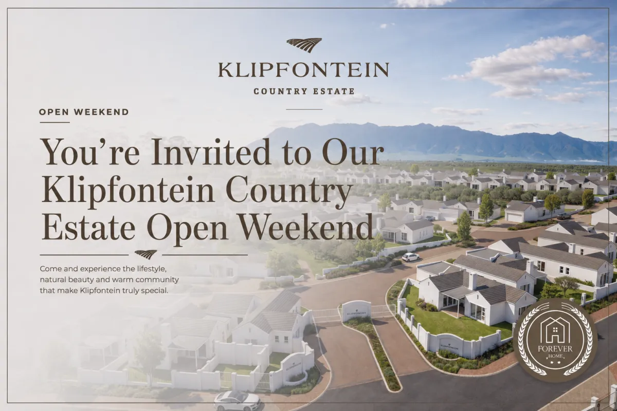 Klipfontein Country Estate Open Weekend cover showing an aerial view of the estate homes with mountain views, the Klipfontein logo, open weekend invitation text and Forever Home badge.