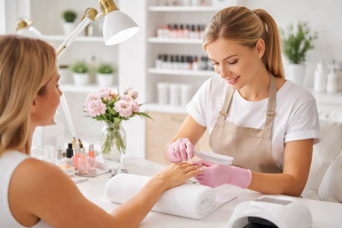 Nail salon entrance decorated with flowers and signage