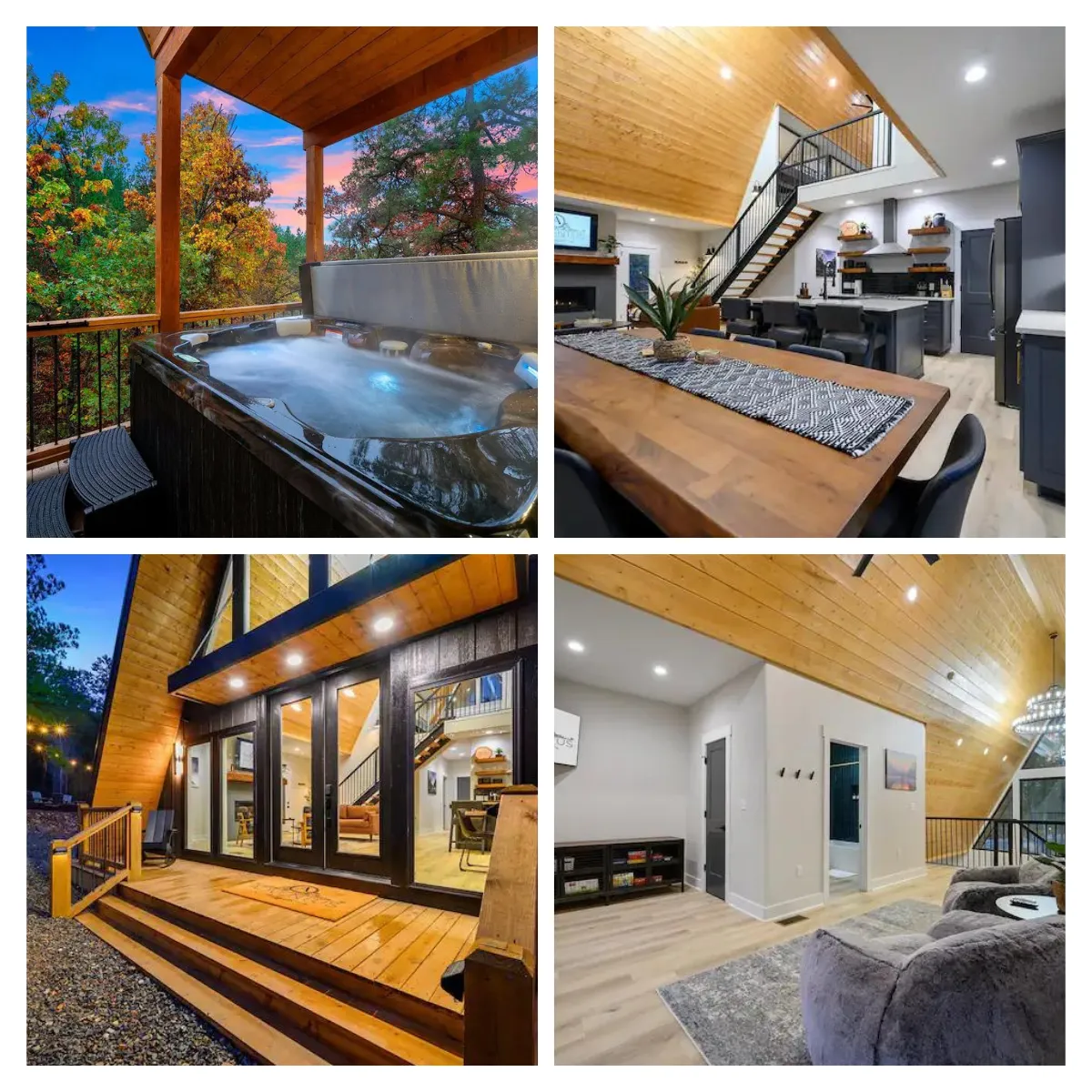 Exterior view of Adventus Cabin's outdoor space, featuring a fire pit and covered deck with a hot tub