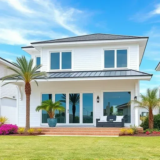 Completed home remodel in Neptune Beach FL with modern coastal design, white siding, landscaped yard, and stylish patio.