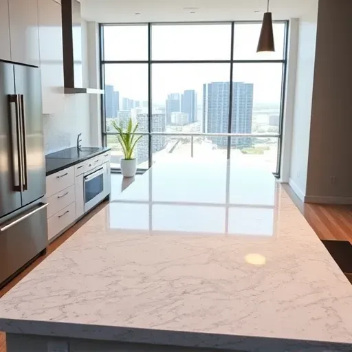 Freshly installed polished granite kitchen countertop in Jacksonville FL with modern design, stainless steel appliances, and scenic view