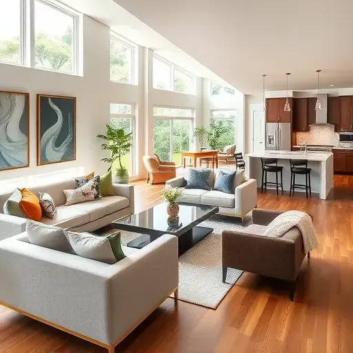 Modern living room in Neptune Beach, FL with large windows, sleek furniture, and open-concept kitchen design.