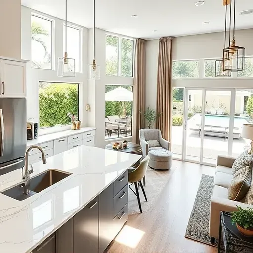 Modern kitchen in Fleming Island FL with marble island, state-of-the-art appliances, and open-concept design to living area.