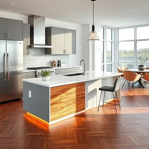 Stylish remodeled kitchen in Jacksonville featuring modern cabinetry, quartz countertops, and a bright open layout.