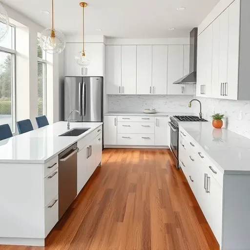 Modern kitchen remodel in Jacksonville with quartz countertops, white cabinetry, spacious island, and natural light.