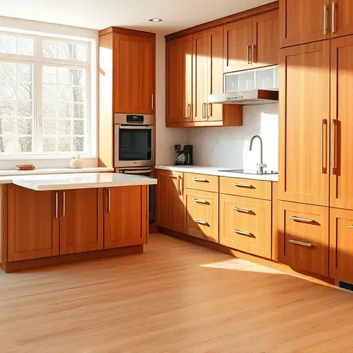 Custom hardwood kitchen cabinets with modern hardware in a bright Jacksonville Florida kitchen featuring marble countertops and stainless steel appliances