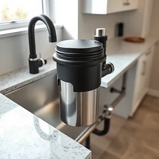 Freshly installed stainless steel garbage disposal under a modern granite countertop in a sleek kitchen with organized plumbing and natural daylight
