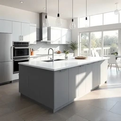 Recently renovated Jacksonville FL modern kitchen island with sleek quartz countertops, matte cabinetry, and contemporary appliances