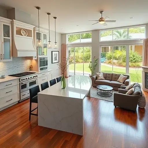 Completed home remodeling in Lakeside FL, featuring a modern kitchen and open-concept living area with elegant design.