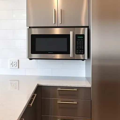 Seamless microwave installation in modern Jacksonville kitchen with stainless steel cabinetry granite countertops and subway tile backsplash