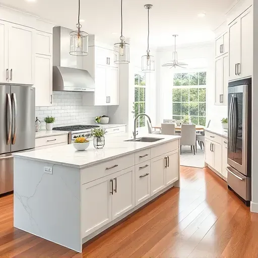 Renovated Jacksonville kitchen featuring modern white cabinetry, stainless steel appliances, marble island, and bright lighting.