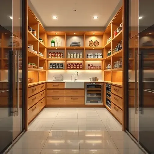 Finished modern Jacksonville pantry with wooden shelves, labeled containers, and coastal decor reflected in warm lighting