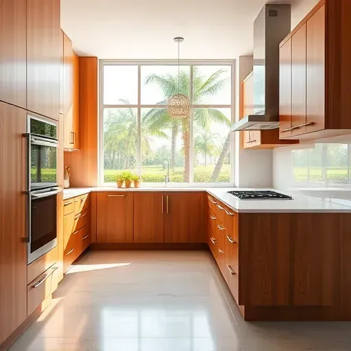 Modern Jacksonville kitchen with seamless wood cabinetry, quartz countertops, stainless steel appliances, and lush backyard view