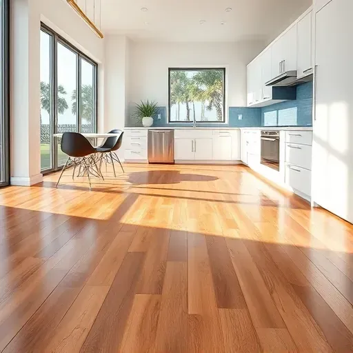 Bright Jacksonville kitchen with warm oak hardwood floors, white cabinets, stainless steel appliances, and coastal greenery view