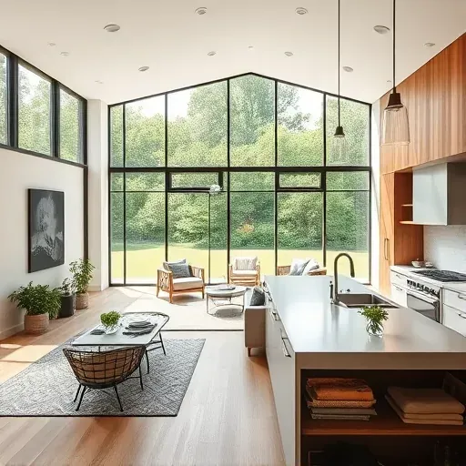 Modern elegant living space in Switzerland FL, featuring open floor plan, natural wood, metal accents, and lush greenery.