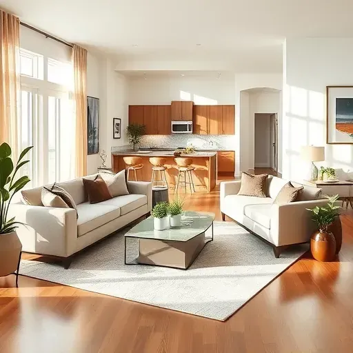 Modern cozy Jacksonville living room with elegant furnishings, sunlight, open kitchen, hardwood floors, and indoor plants.