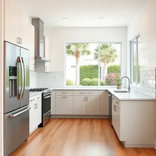 Newly renovated Jacksonville kitchen with modern cabinetry, granite countertops, stainless steel appliances, and lush backyard view.