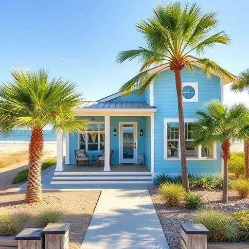 Completed home remodeling project in St. Augustine Beach FL with coastal colors, palm trees, and a stunning beachfront view.