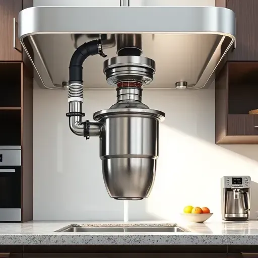 Freshly installed stainless steel garbage disposal under modern kitchen sink with organized plumbing and sleek cabinetry