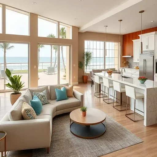 Coastal home remodel in Jacksonville Beach showcasing elegant living room and modern kitchen with ocean views.