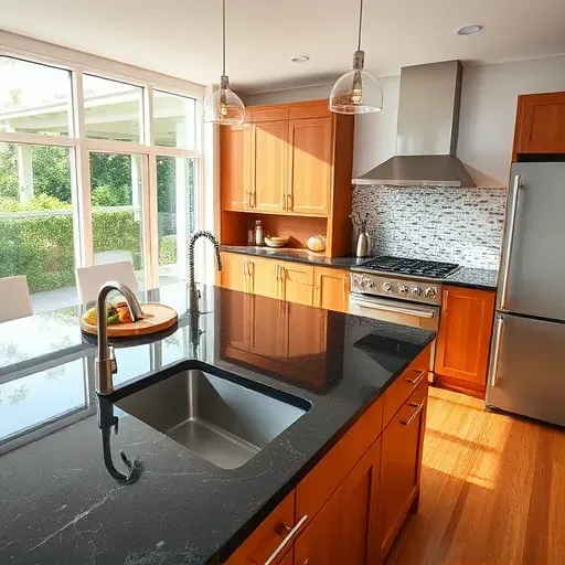 Recently completed modern kitchen with polished charcoal granite countertops, warm wood cabinets, natural light, and lush outdoor view