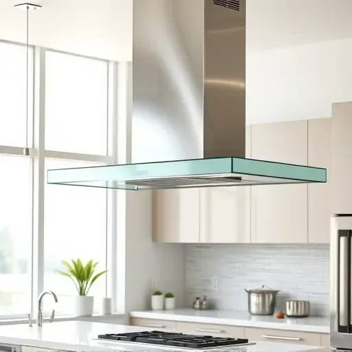 Modern kitchen with sleek stainless steel and glass range hood, bright spacious interior, contemporary design, natural light.