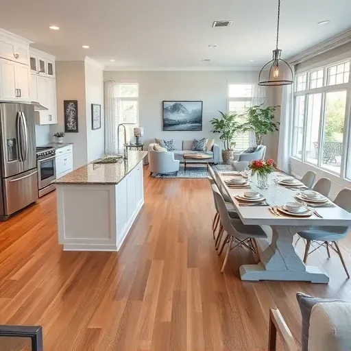 Modern kitchen in Penney Farms FL with white cabinetry, granite island, stainless steel appliances, and airy living room design.