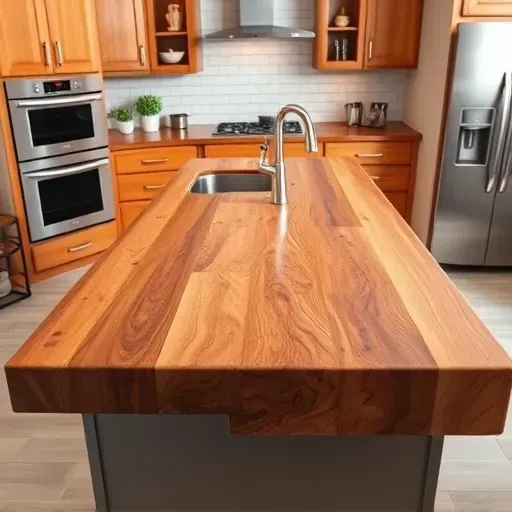 Meticulously crafted butcher block countertop with rich warm hardwoods, polished surface, stainless steel appliances, and stylish modern kitchen in Jacksonville Florida