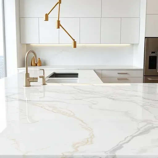 Marble kitchen countertop with elegant white gray veining and gold accents in a modern Jacksonville home