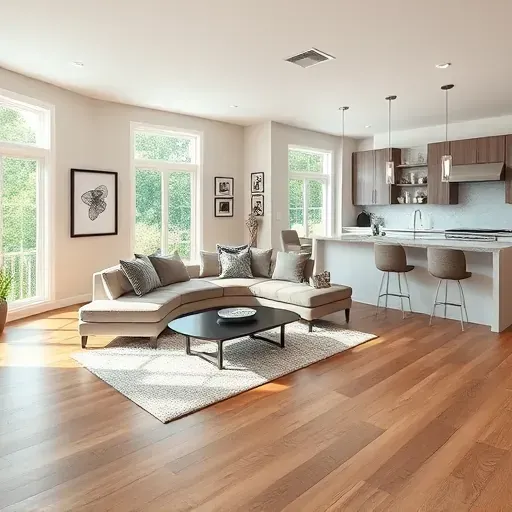 Modern open concept living room in Callahan FL with neutral colors, hardwood floors, large windows, and stylish decor.