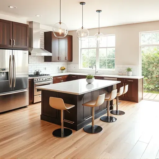 Modern kitchen in Sawgrass FL with quartz island, stainless appliances, dark cabinetry, and natural light.