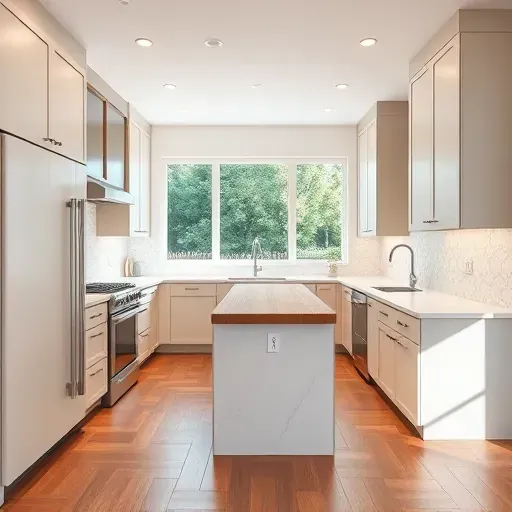 Renovated Jacksonville kitchen with modern matte cabinetry, stainless steel appliances, quartz countertops, wooden breakfast bar, geometric backsplash, large windows, hardwood floors, and ambient lighting