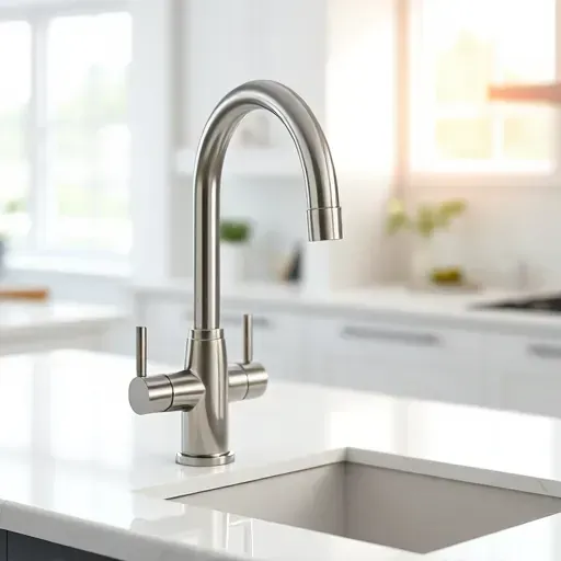 Shiny stainless steel kitchen faucet on white marble countertop with gray veining in a modern, bright, professional kitchen