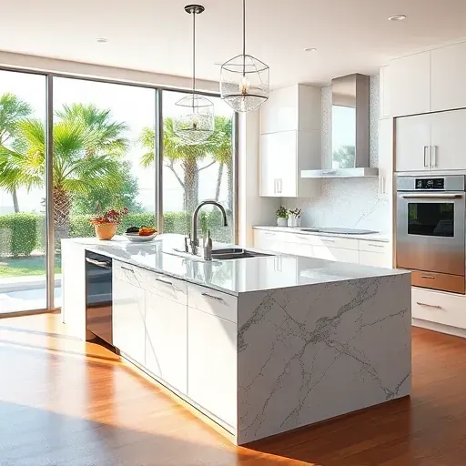 Modern Jacksonville kitchen with granite countertops pendant lighting stainless steel appliances hardwood floors lush outdoor greenery