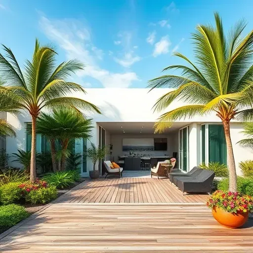 Modern coastal home in Jacksonville Beach with fresh stucco, large windows, lush landscaping, and inviting outdoor area.