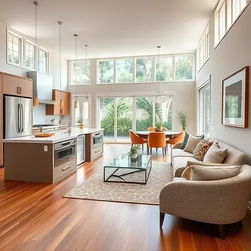Elegant remodeled living space in Sawgrass FL with modern kitchen, cozy seating, and natural light highlighting design.