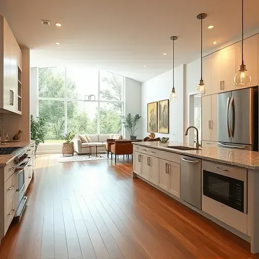 Modern kitchen remodel in Glen St. Mary FL with granite countertops, stainless appliances, light wood floors, and natural light.