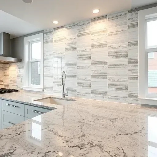 Finished glossy ceramic tile backsplash in Jacksonville kitchen with modern pattern, polished granite counter, and stainless steel appliances