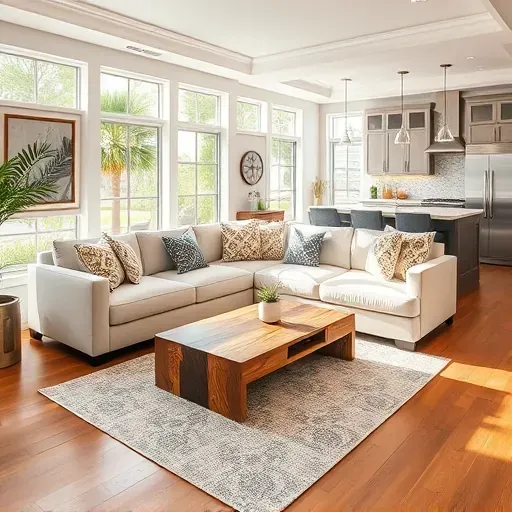 Modern living room remodel in Amelia Island, FL with sectional sofa, large windows, and sleek kitchen. Bright and inviting.