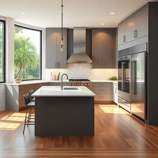 Recently remodeled Jacksonville kitchen features modern cabinetry, marble island, stainless appliances, and warm lighting.