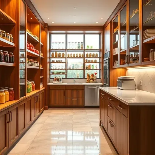 Luxurious walk-in pantry in Jacksonville FL with wooden shelves, glass jars, canned goods, fresh produce, warm lighting, and modern storage.