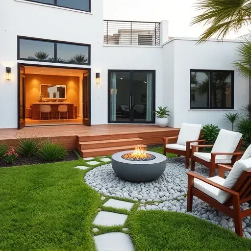 Home remodeling in Neptune Beach FL with modern coastal design, white stucco, wooden deck, landscaped garden, and fire pit.