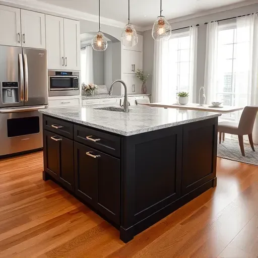Recently installed modern kitchen island with granite countertop, black base, high-end appliances, hardwood flooring, and natural light.
