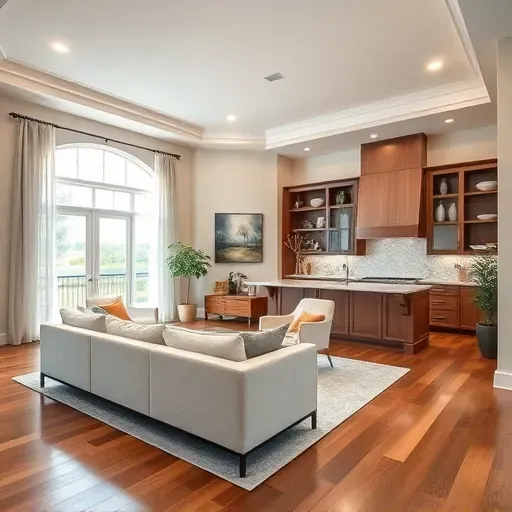 Contemporary living room in Green Cove Springs with high ceilings, polished floors, and modern design elements.