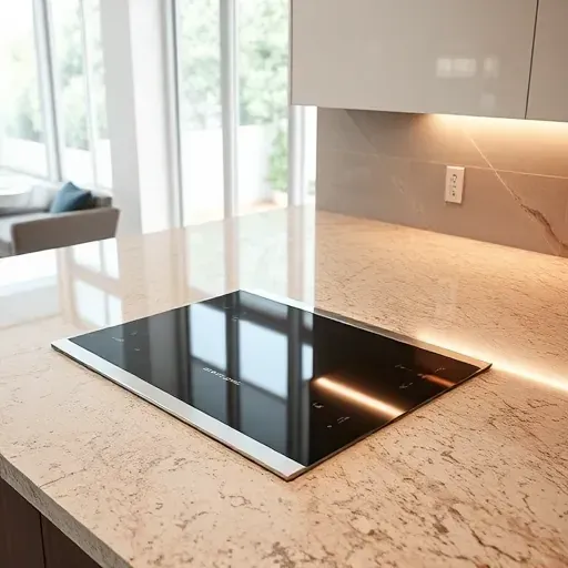 Seamless stainless steel cooktop installed on granite countertop in modern Jacksonville kitchen with neutral backsplash and LED lighting