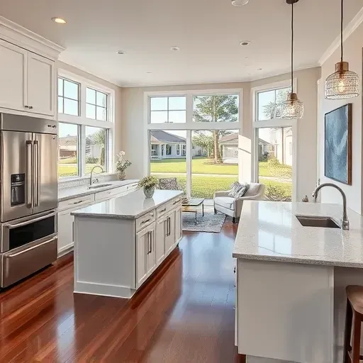 Beautiful modern kitchen in World Golf Village with stainless steel appliances, quartz island, and soft white cabinetry.